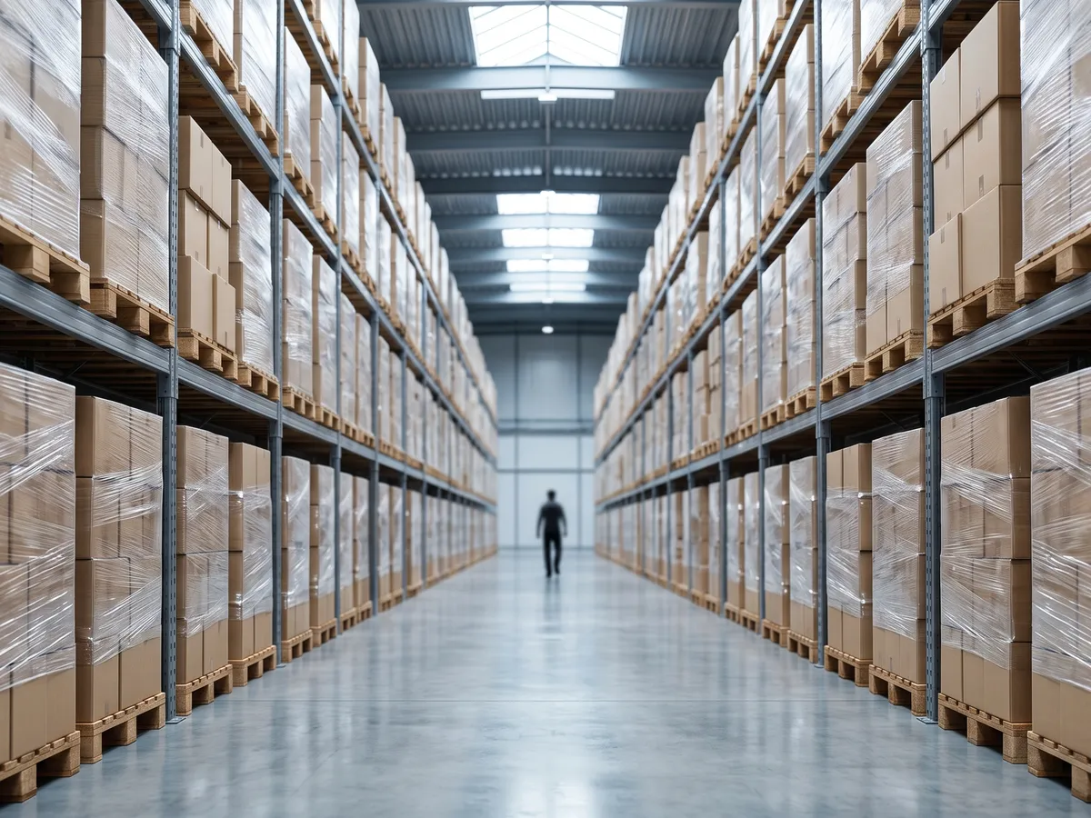 Warehouse aisle with pallets of excess inventory